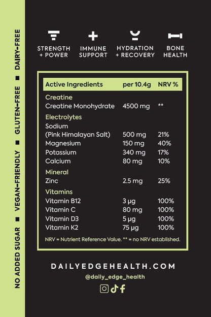 PERFORM nutrition and ingredient panel showing creatine, electrolytes, vitamins and dietary suitability information.